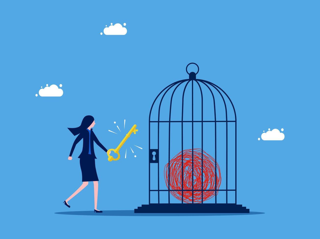 woman with key to open cage with bird vector