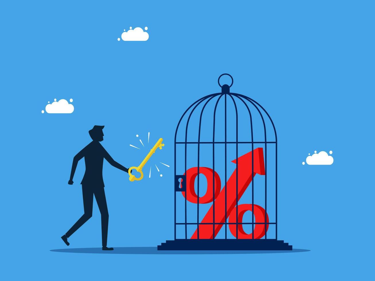 man holding key to open cage with percentage sign vector