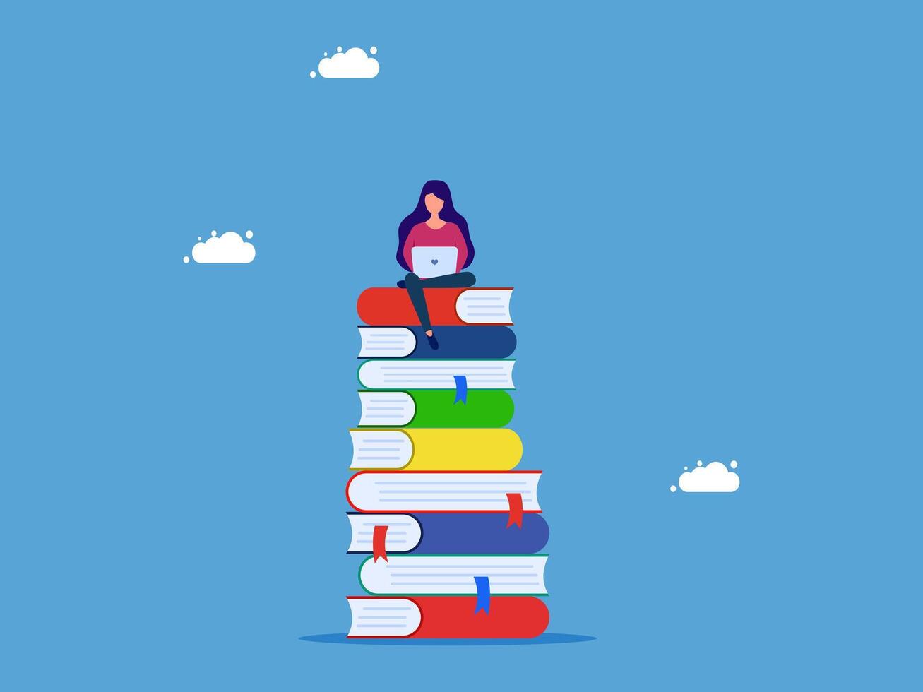 woman sitting on top of stack of books vector
