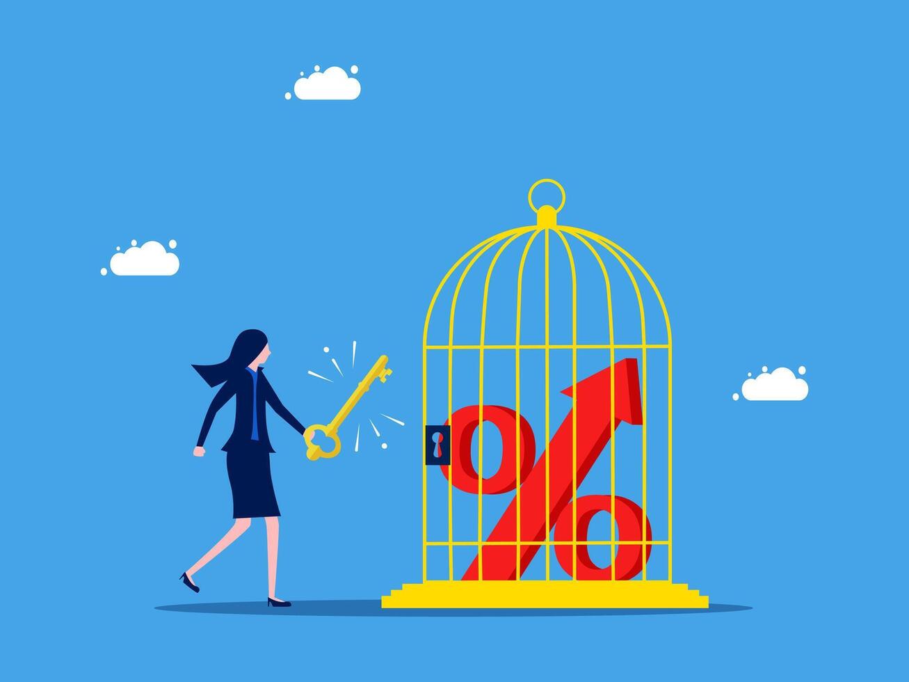 businesswoman holding key to open cage with percentage sign vector