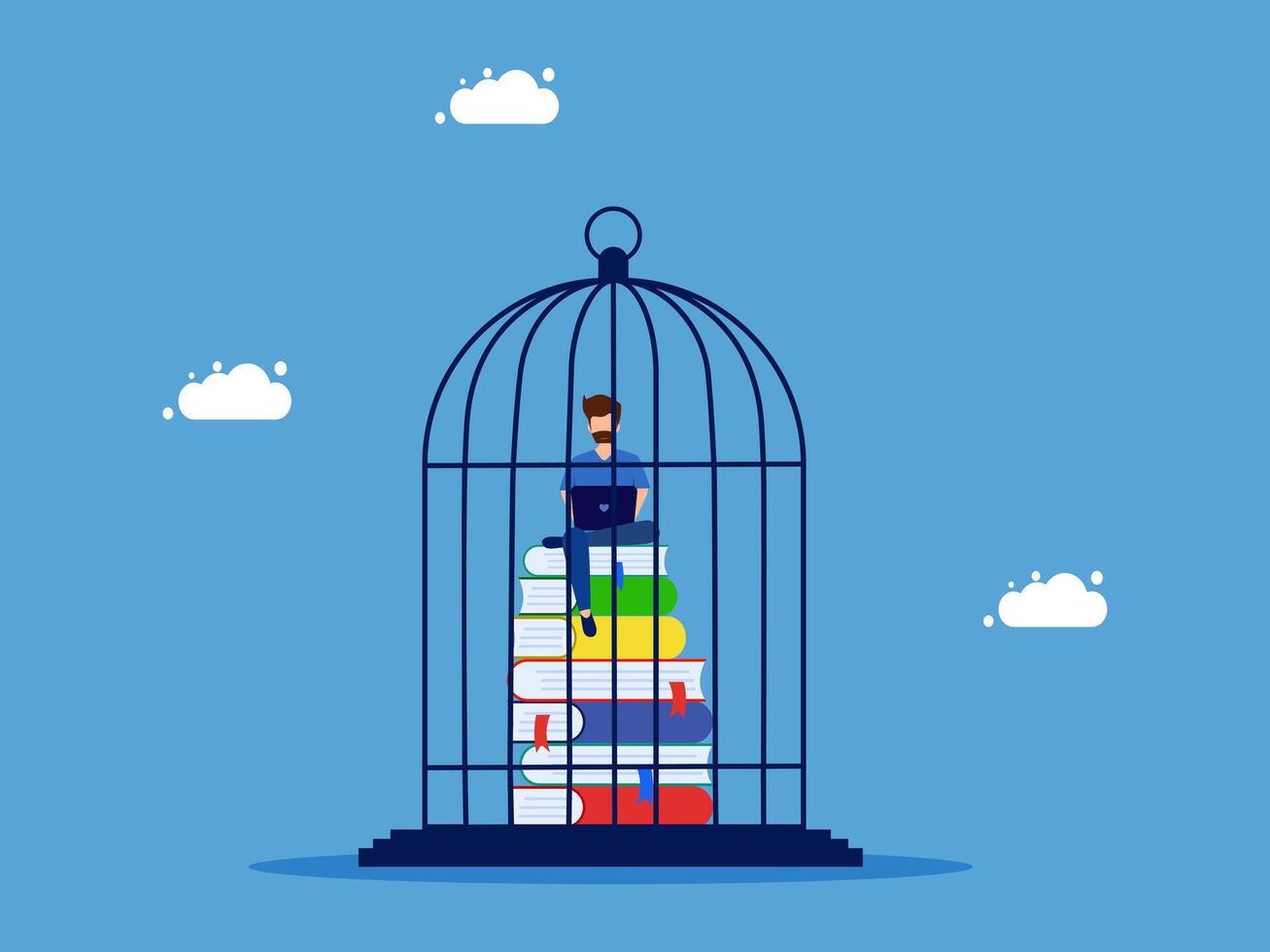 man in a cage with books and clouds vector
