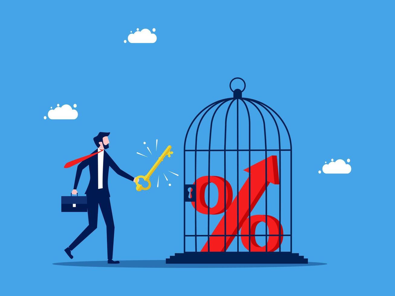 businessman holding key to open cage with percentage sign vector