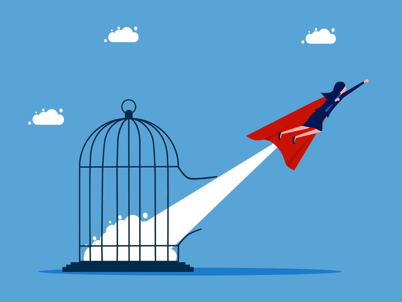 businesswoman flying out of a cage with a red cape vector