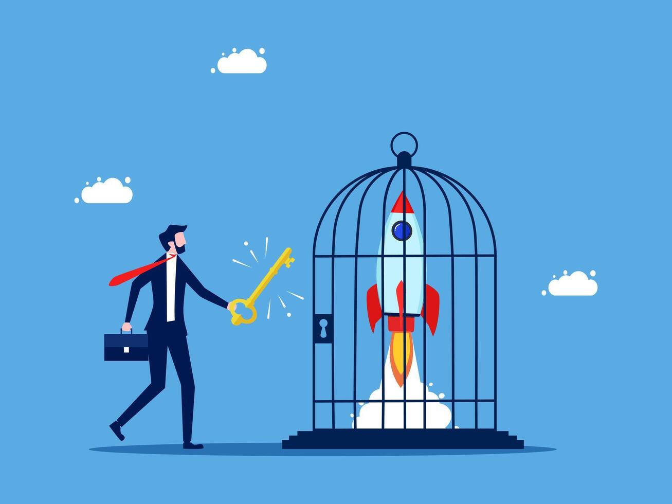 businessman in a cage with a rocket in the background vector