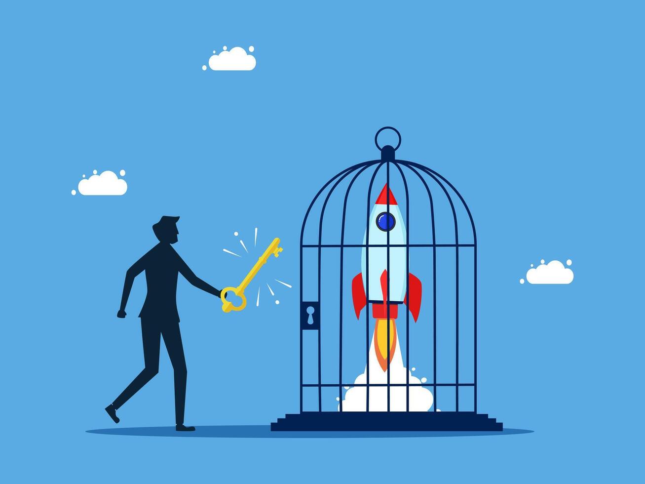 businessman holding key to open cage with rocket in it vector