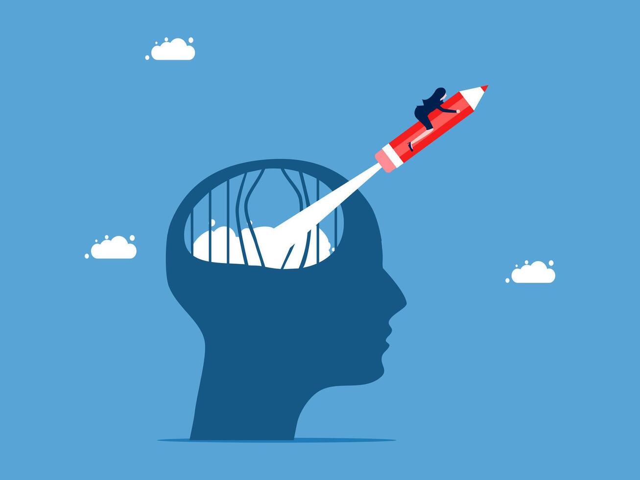 woman is flying a rocket into the head of a person vector