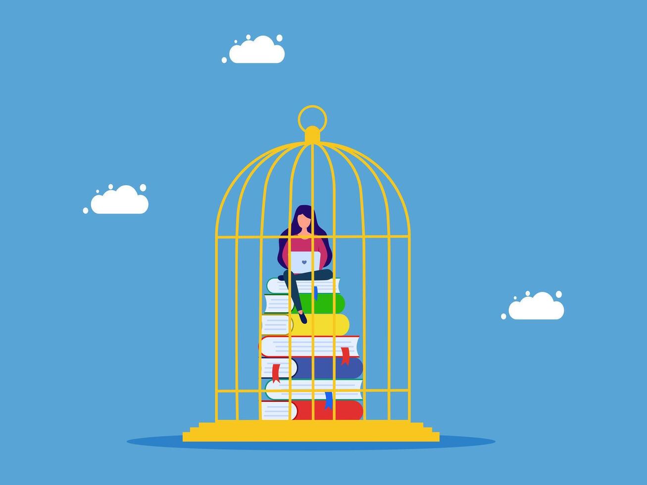 woman in a cage with books and clouds vector