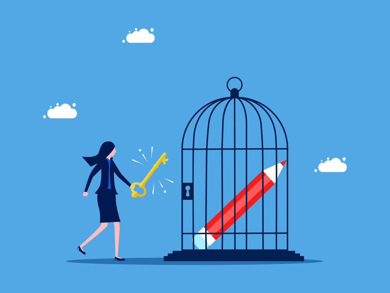 businesswoman holding a key to open a cage with a red pen inside vector