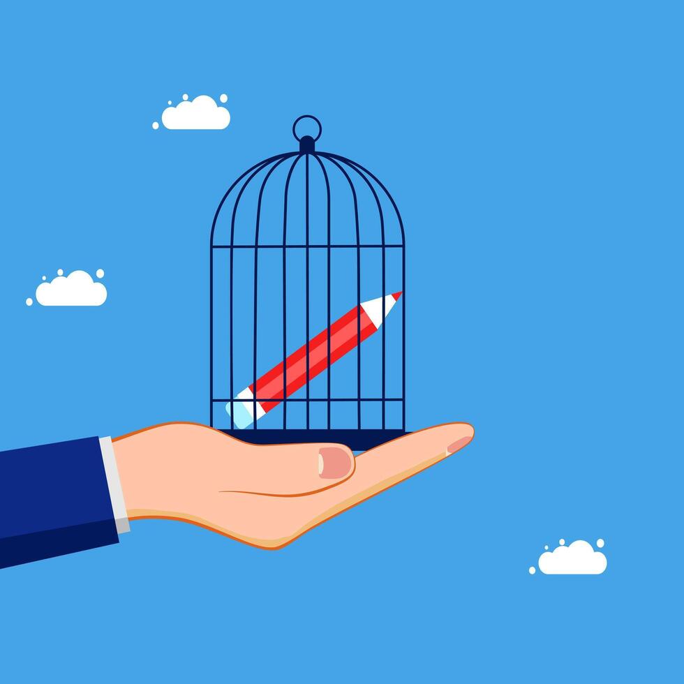 hand holding a red pencil in a cage with clouds vector