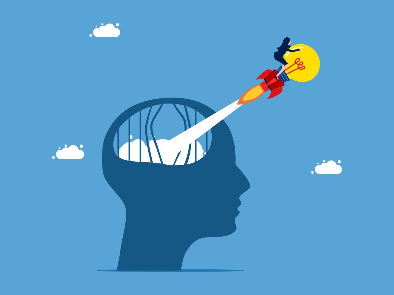 woman is flying a rocket into the head of a person vector