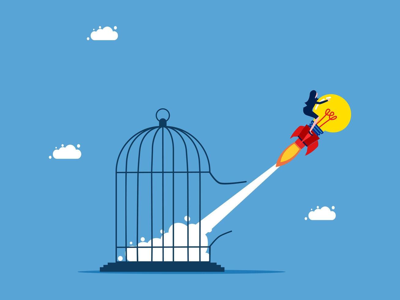 businesswoman flying out of a cage with a rocket vector