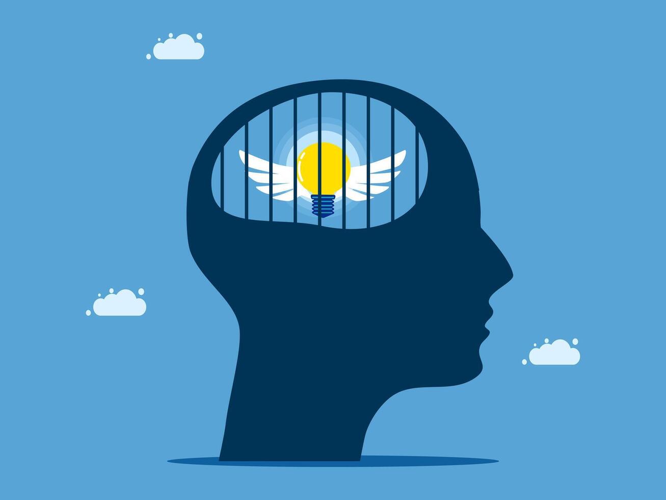 a silhouette of a man's head with wings and a light bulb inside vector