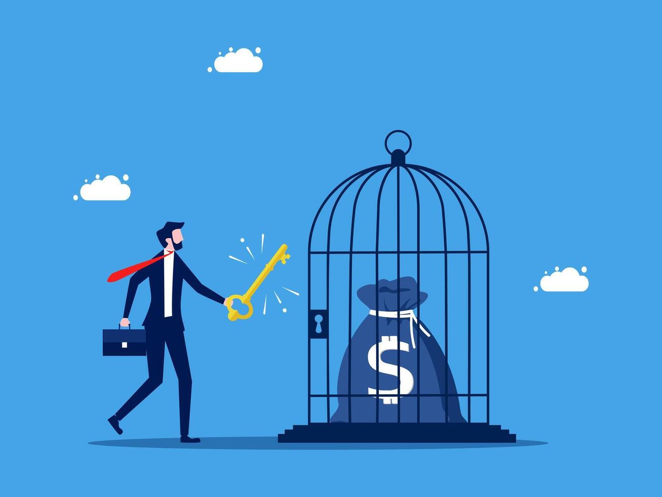 businessman in suit holding key to cage with money vector