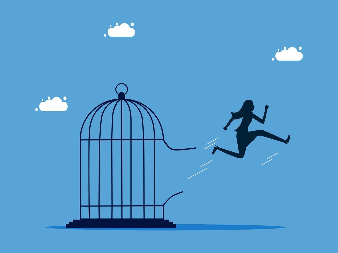 woman running away from a cage with a bird vector