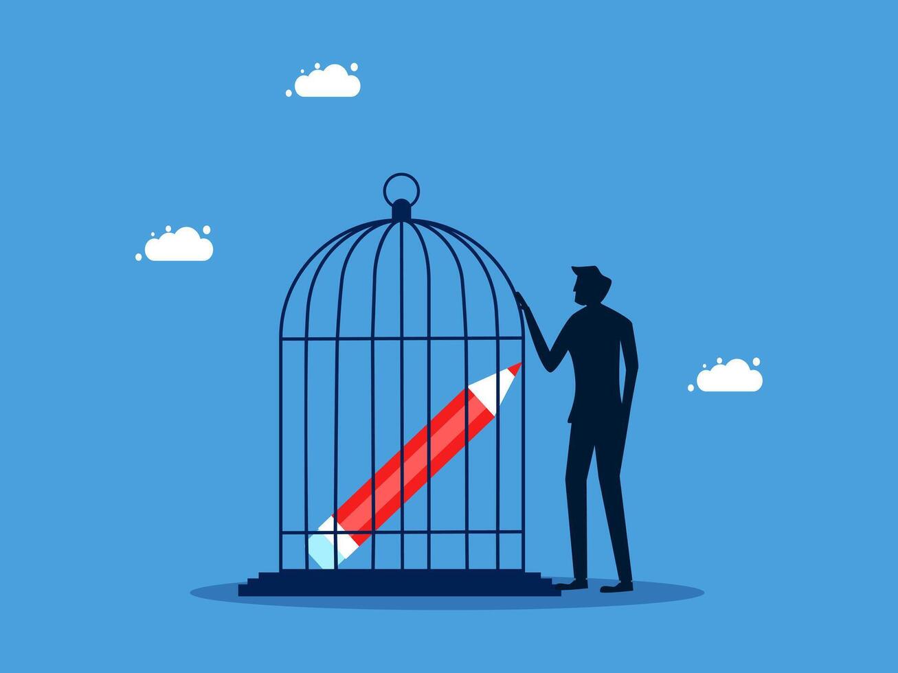 man with a red pen in a cage with a bird vector