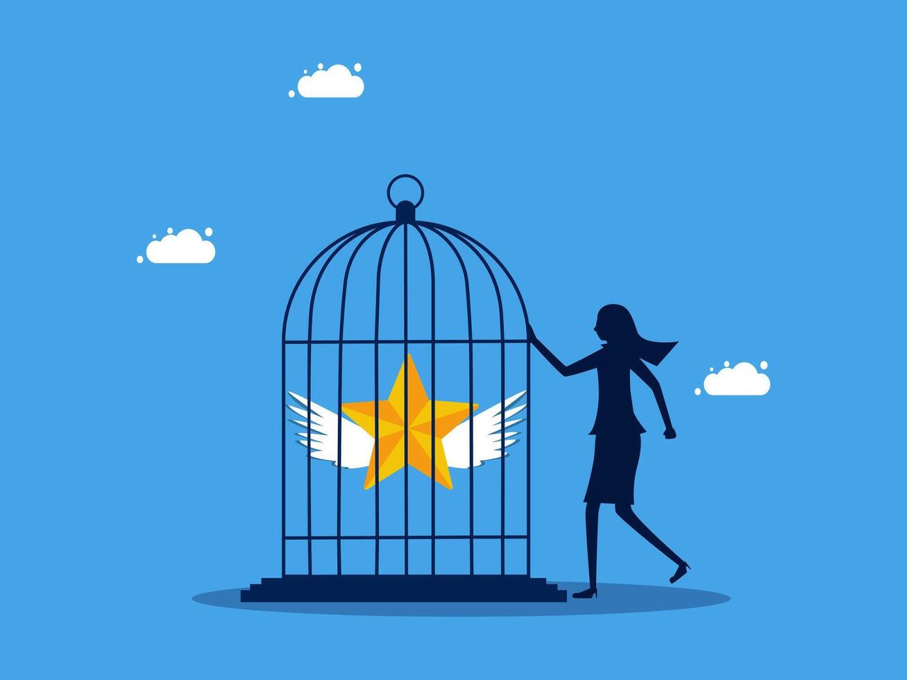 a woman is holding a star in a cage with wings vector