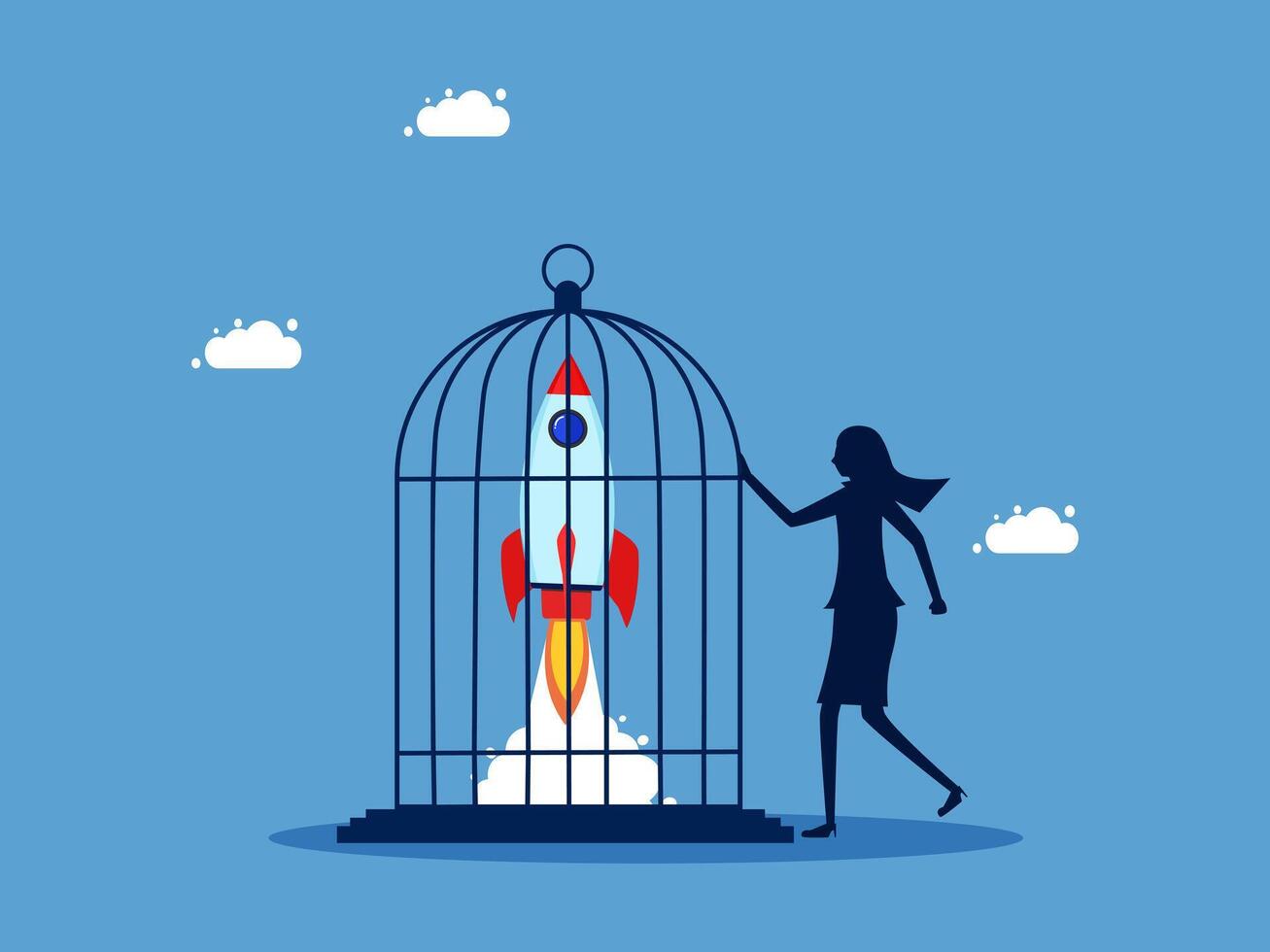 businesswoman in cage with rocket in the sky vector