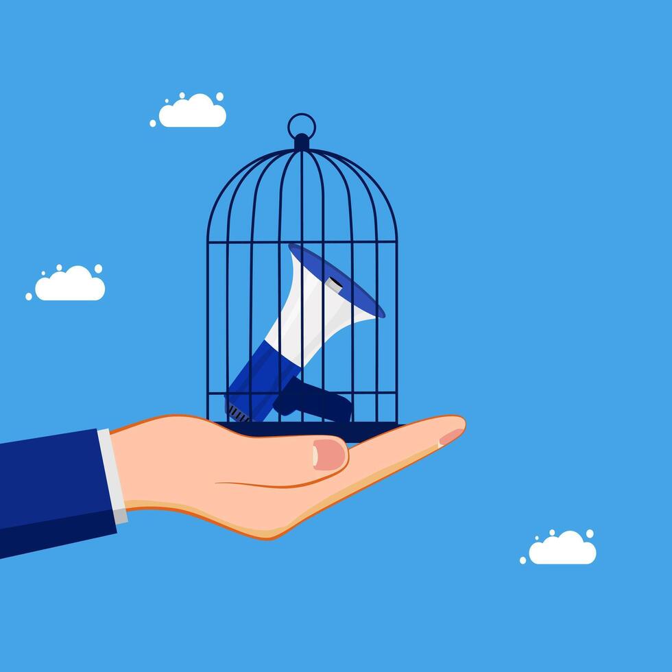hand holding a bird cage with a megaphone in it, flat design vector