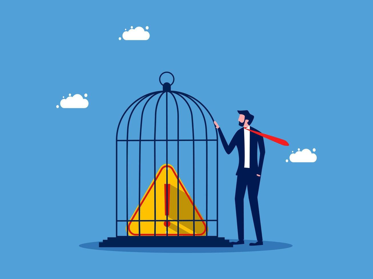 businessman in a suit holding a bird cage with a yellow triangle vector