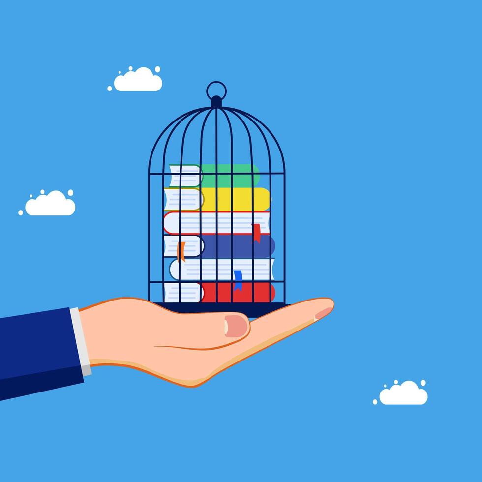 hand holding a birdcage with books on it vector