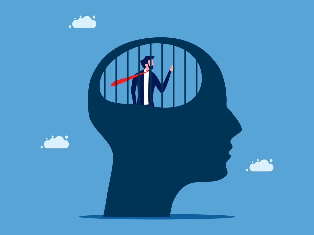 man is standing inside a human head with a cage vector