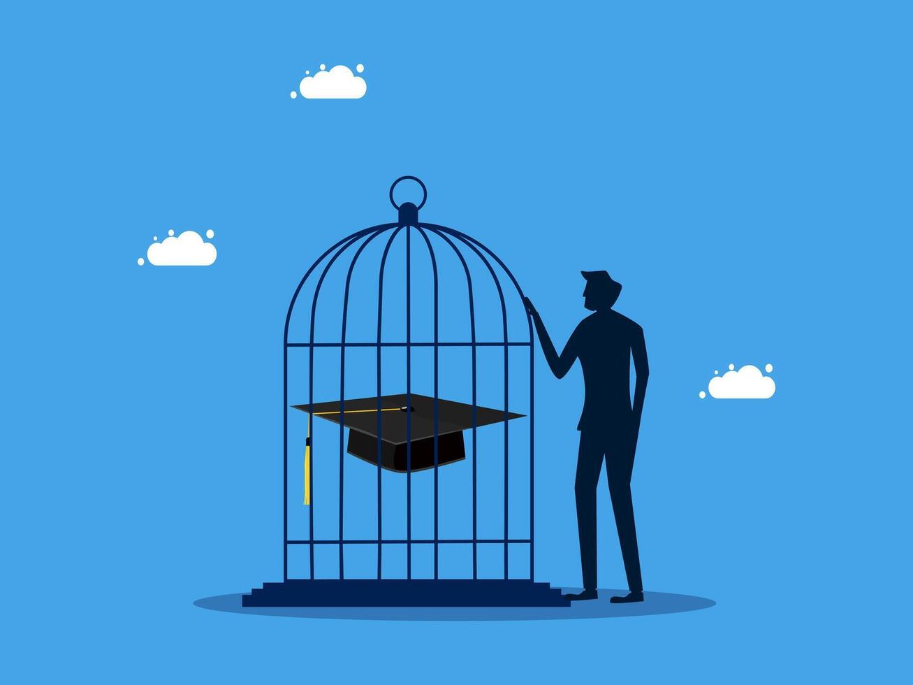 businessman is standing in front of a cage with a graduation cap on it vector