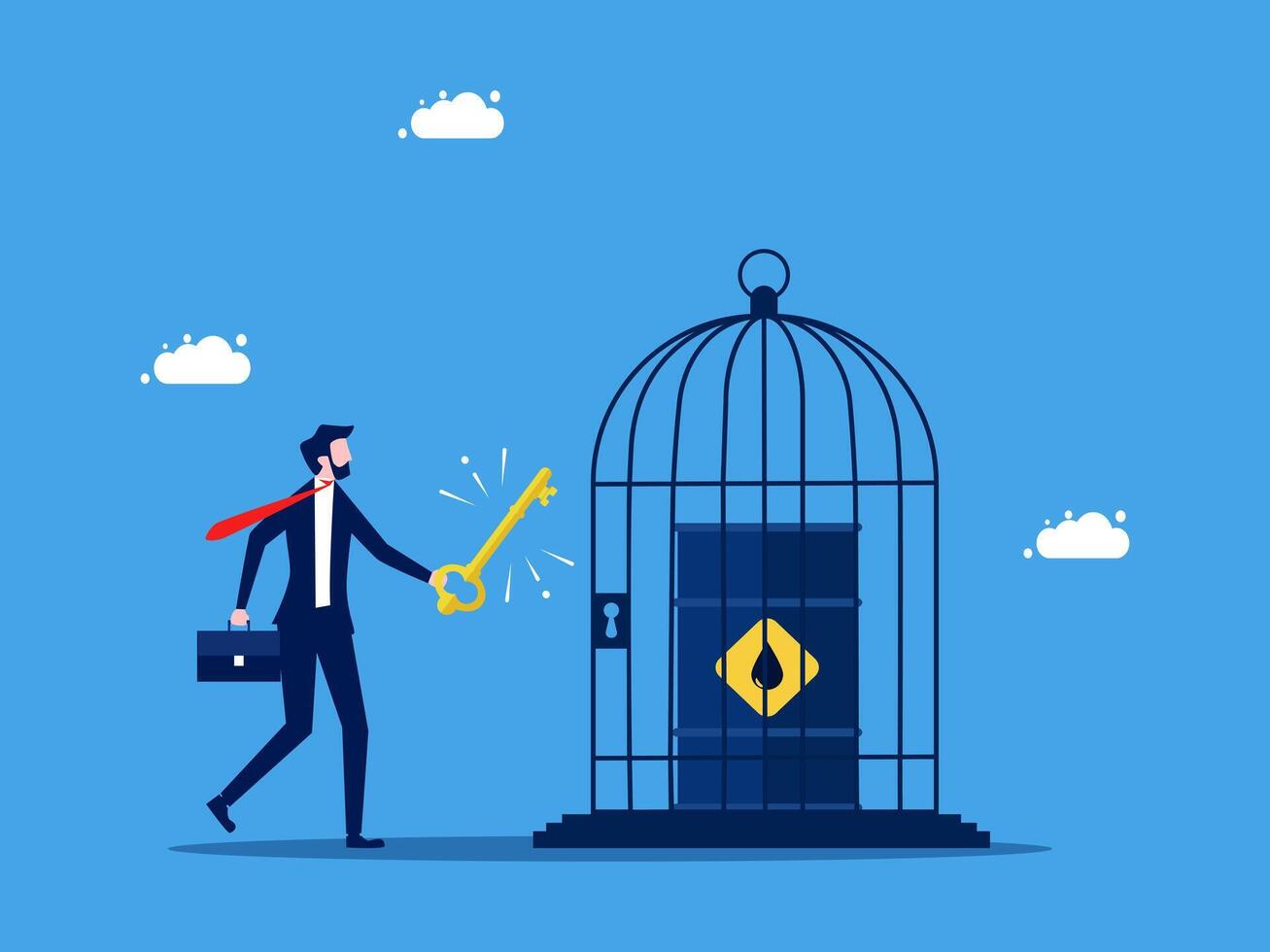 businessman opening a cage with key to unlock the key to unlock the door vector