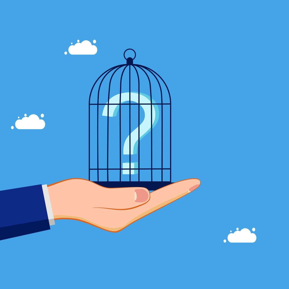 hand holding a bird cage with question mark vector