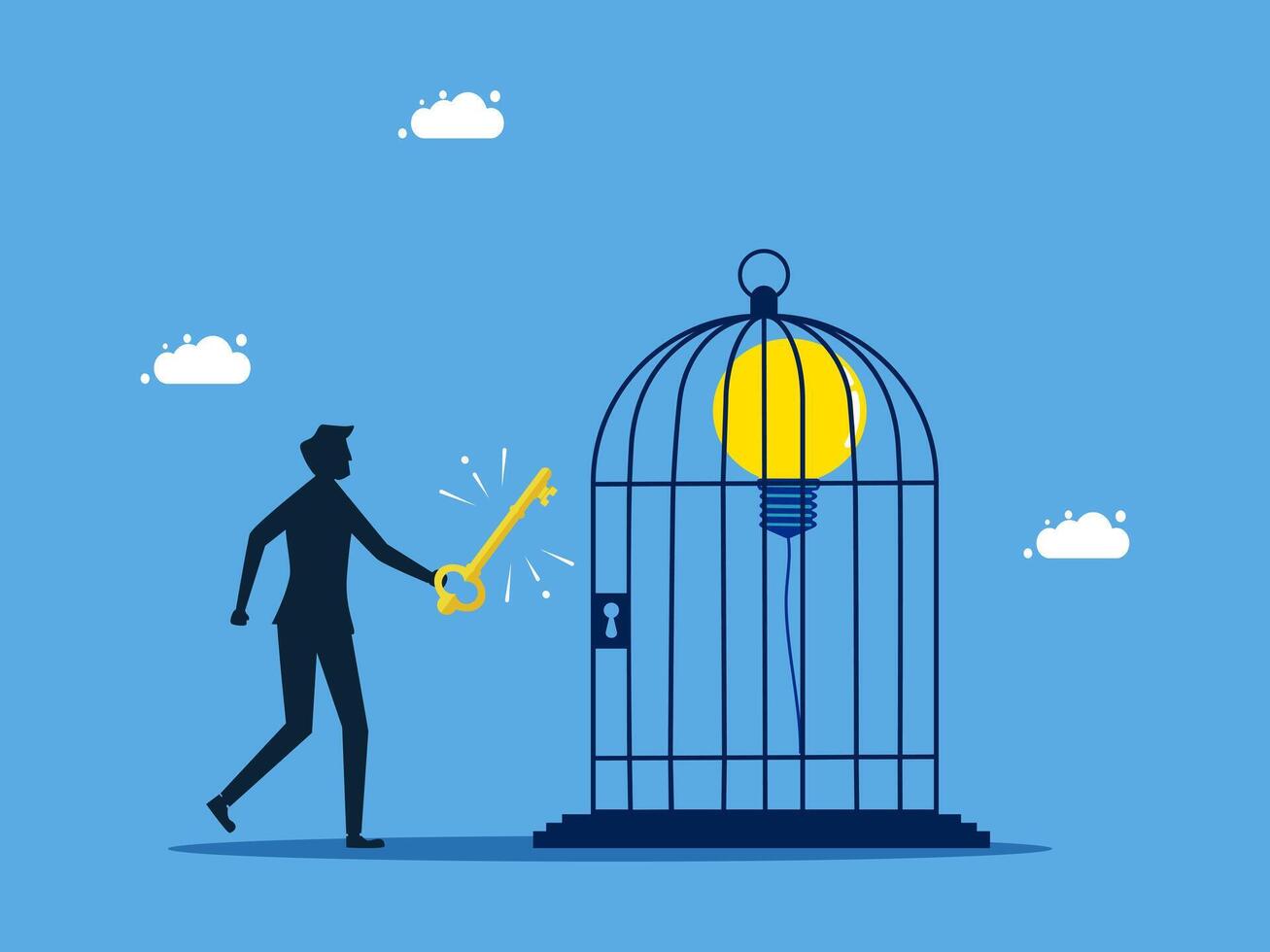 man holding key to unlock the cage with light bulb vector