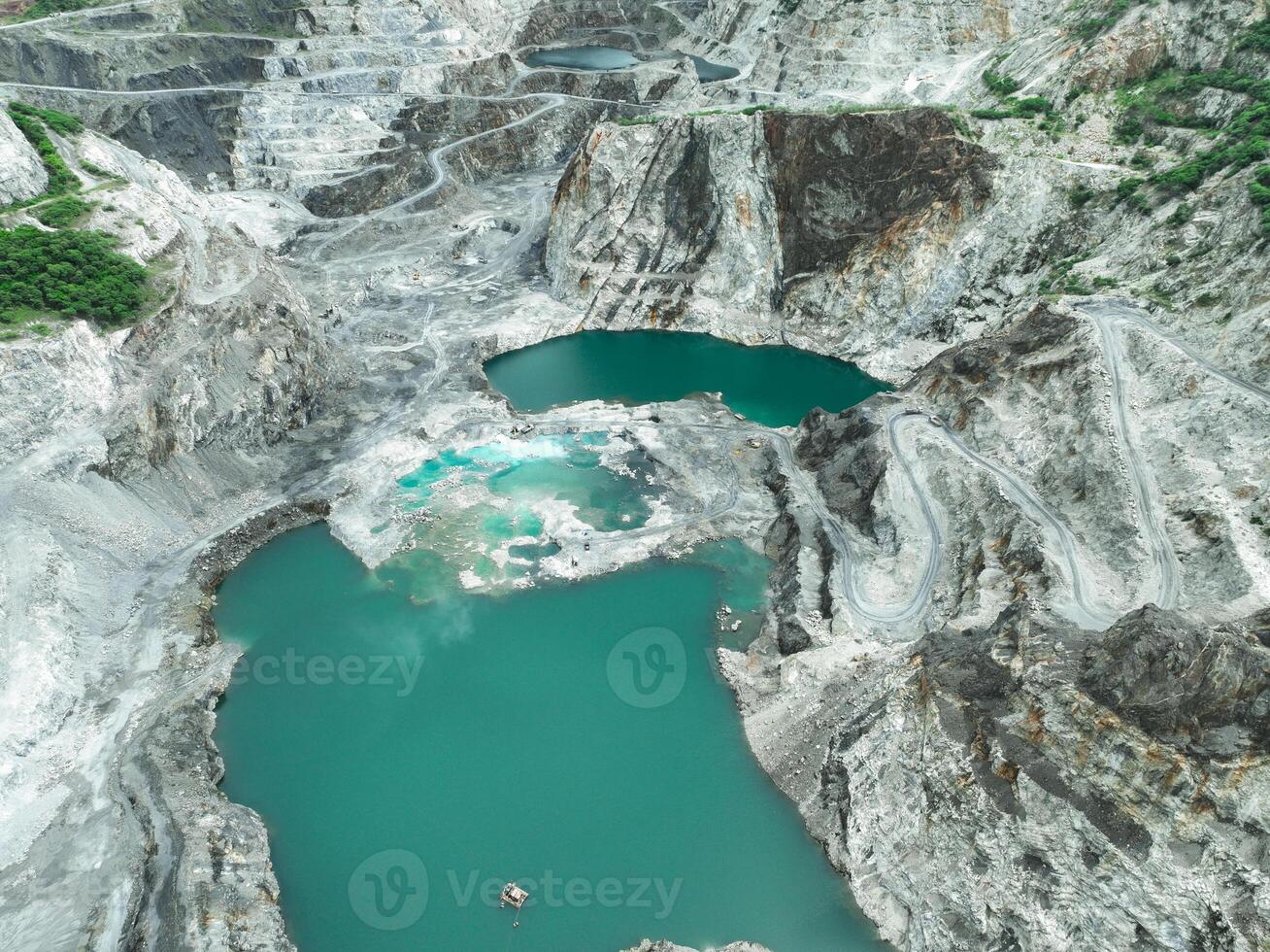 Open pit mine industry. Limestone quarry with backhoe and truck in operation. Heavy machinery in mining industry and construction material supply. Landscape of resource extraction in a industrial site photo