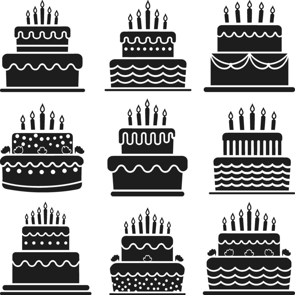 Set of Birthday Cake Silhouette - Perfect for Celebrations and Party Designs vector