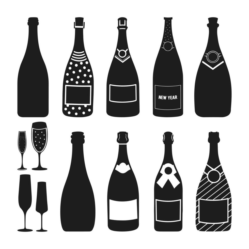 Champagne and Wine Bottles Silhouette Set - Celebration Icons vector