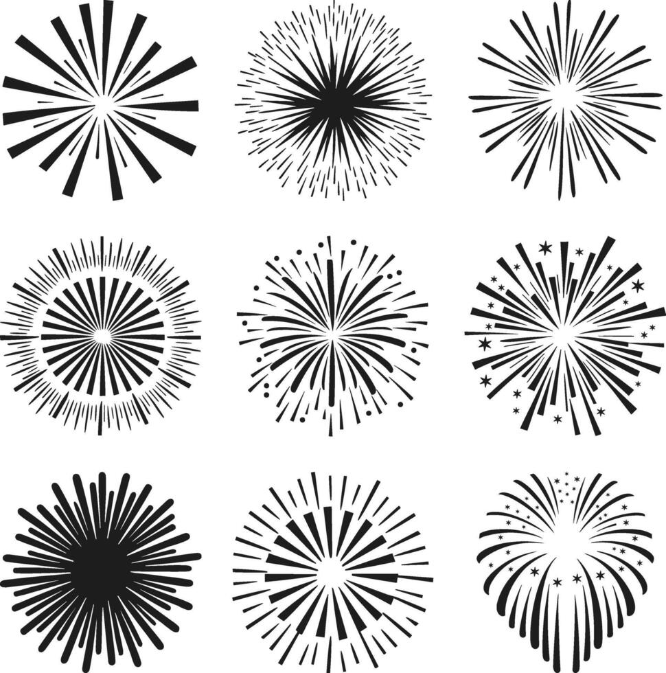 Black and White Fireworks Explosions Set - Burst Elements for Celebrations and Festive Designs vector