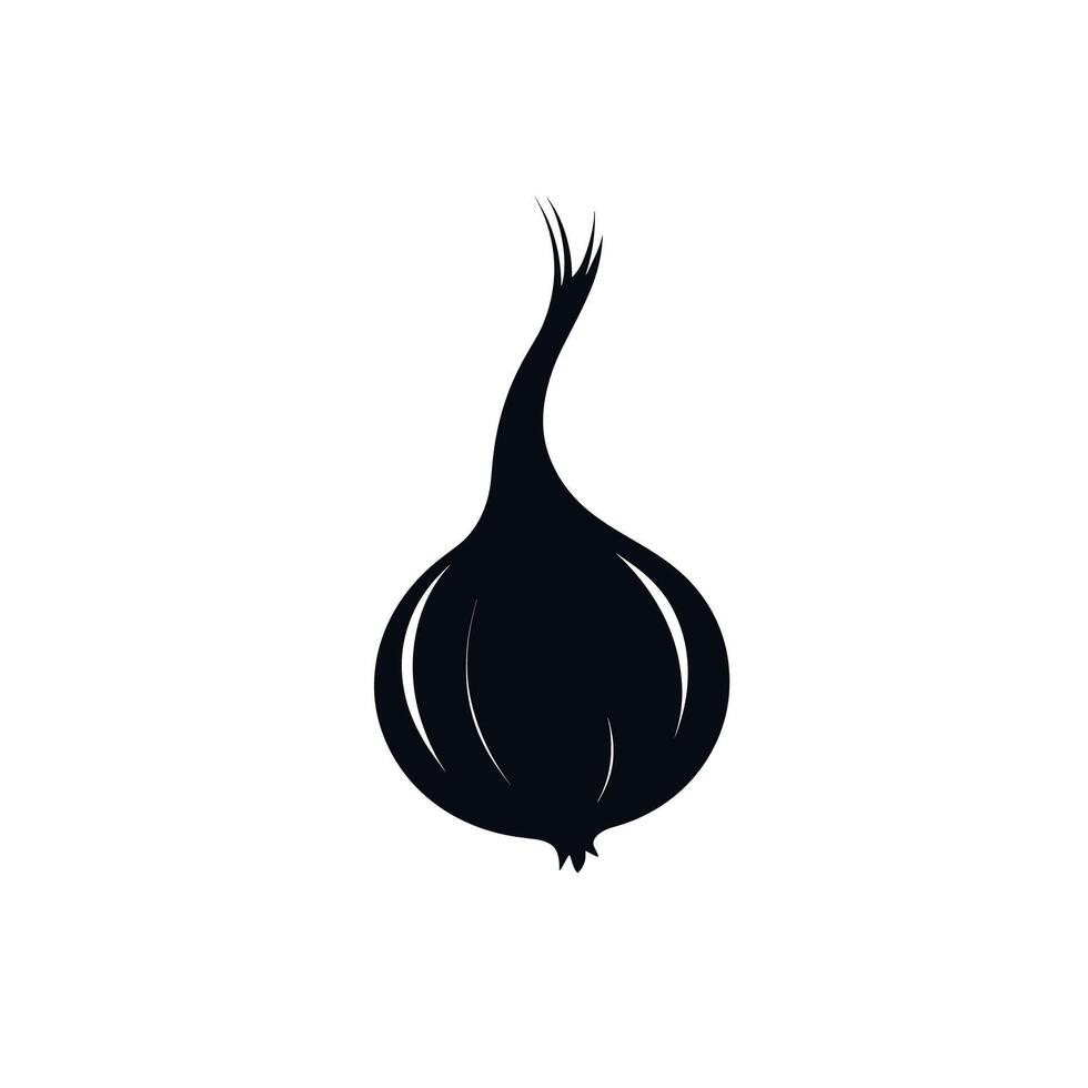 Black silhouette of a garlic bulb with elongated green shoots on a white background vector