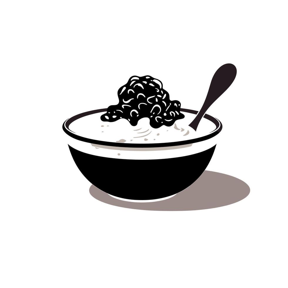 Black tapioca pearls on creamy white base in a round bowl with a spoon vector
