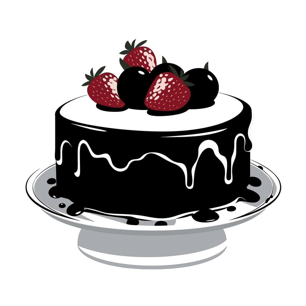Chocolate cake topped with strawberries and blueberries on a white plate vector