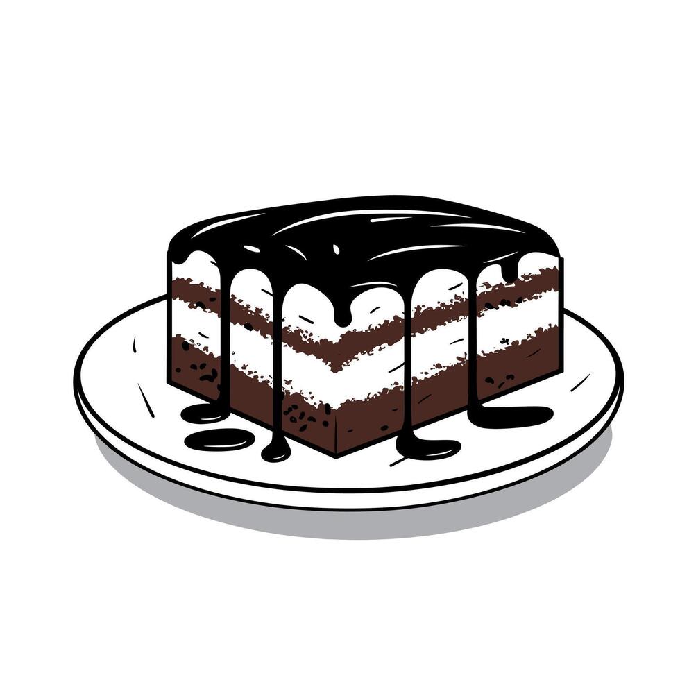 Chocolate dessert with dripping icing on a plate served after dinner vector