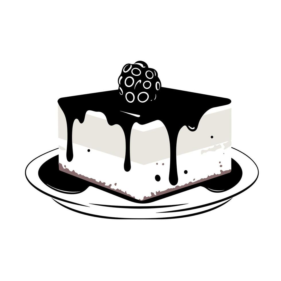 Delicious dessert featuring creamy layers topped with chocolate sauce and fresh berries vector
