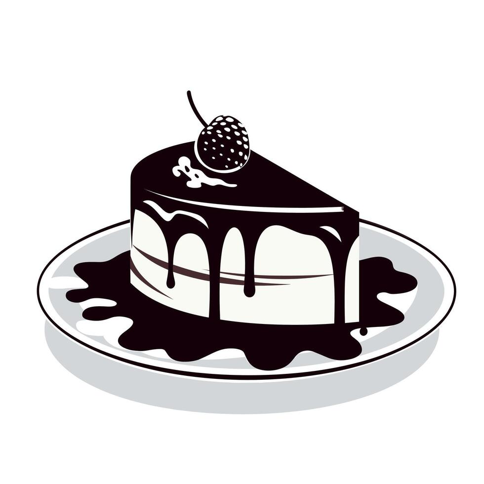 Delicious chocolate cake slice with a cherry on top served on a plate vector