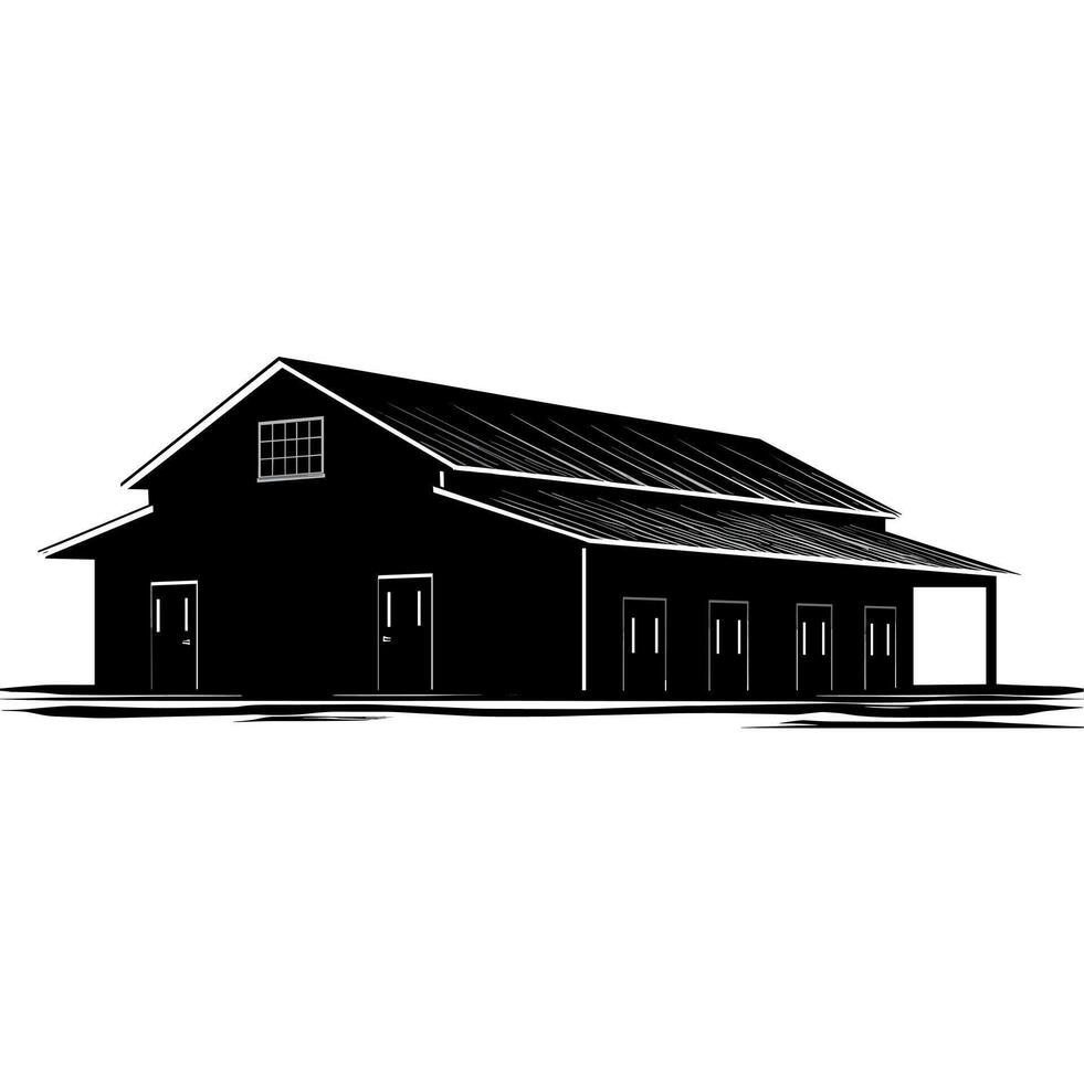 Large rural barn with solar panels and multiple doors situated on flat land vector