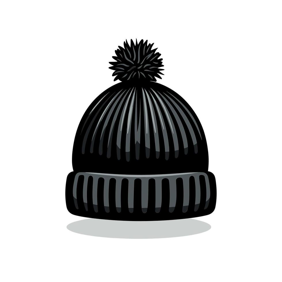 Warm black knitted beanie with pom pom displayed on a light background vector
