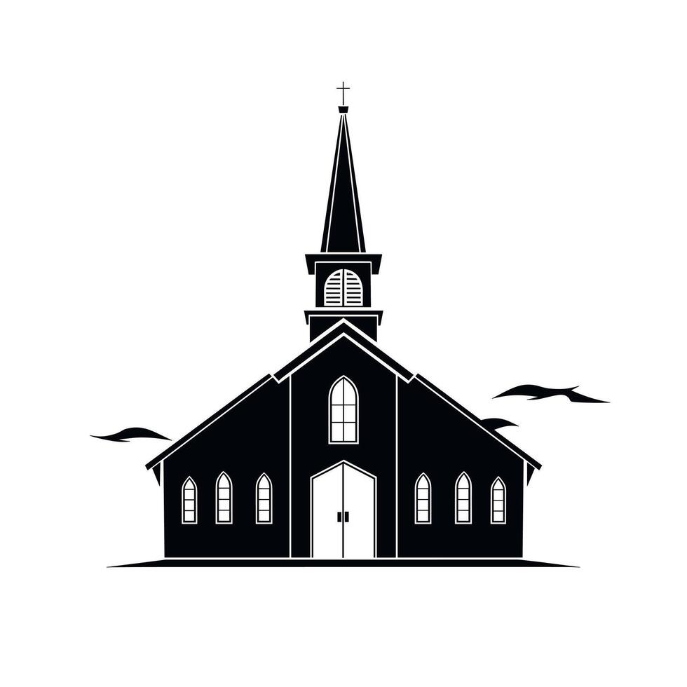 Classic church building silhouette with a tall steeple and surrounding birds vector