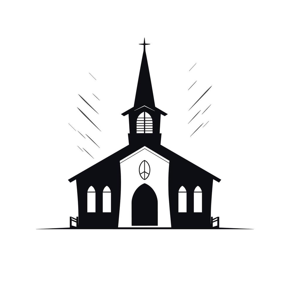 Church silhouette set against a bright background with rays of light shining through vector