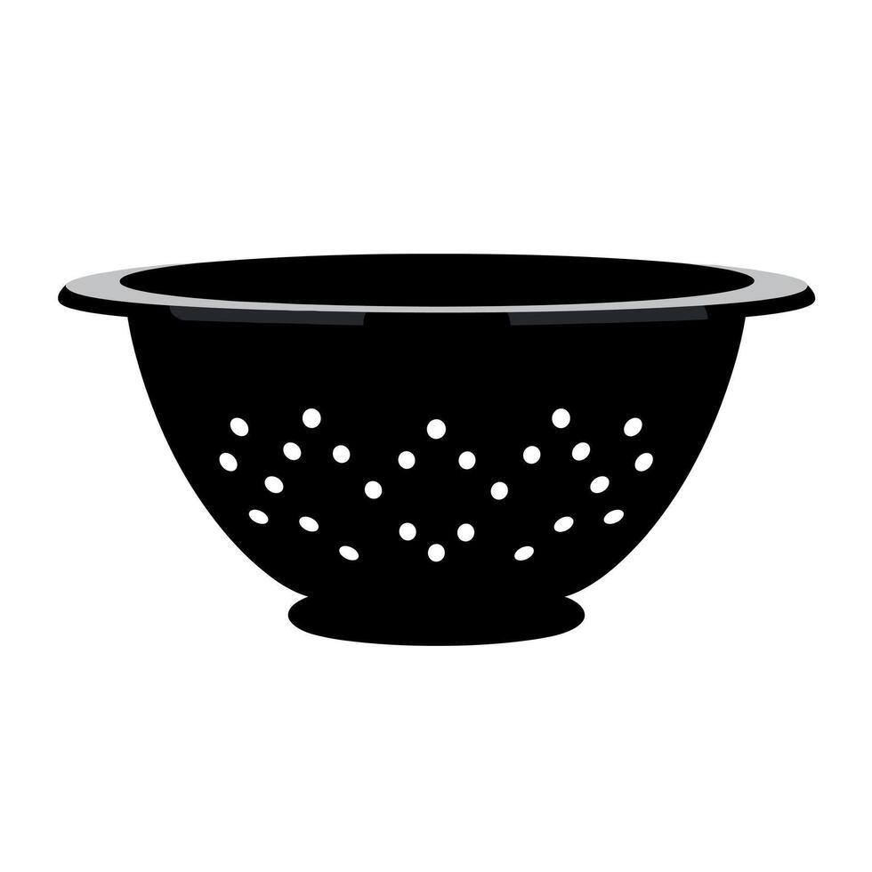 Black colander with perforated design used for draining food in a kitchen setting vector