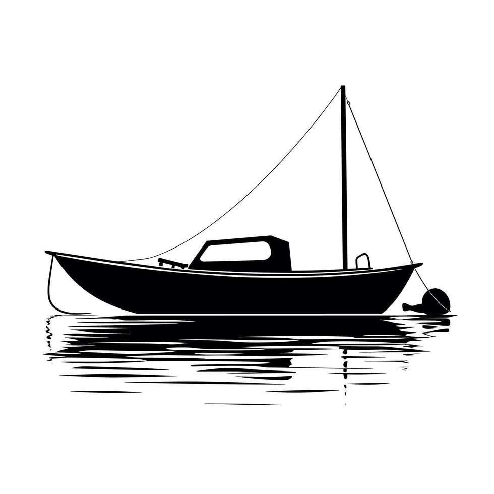Black silhouette of a small boat floating on calm water during sunset vector