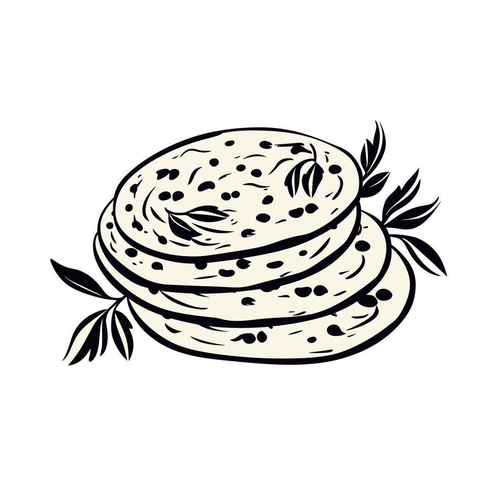 Artistic depiction of three stacked flatbreads with olives and herbs vector