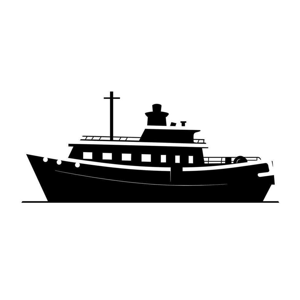 Classic silhouette of a fishing boat navigating calm waters at sunrise vector