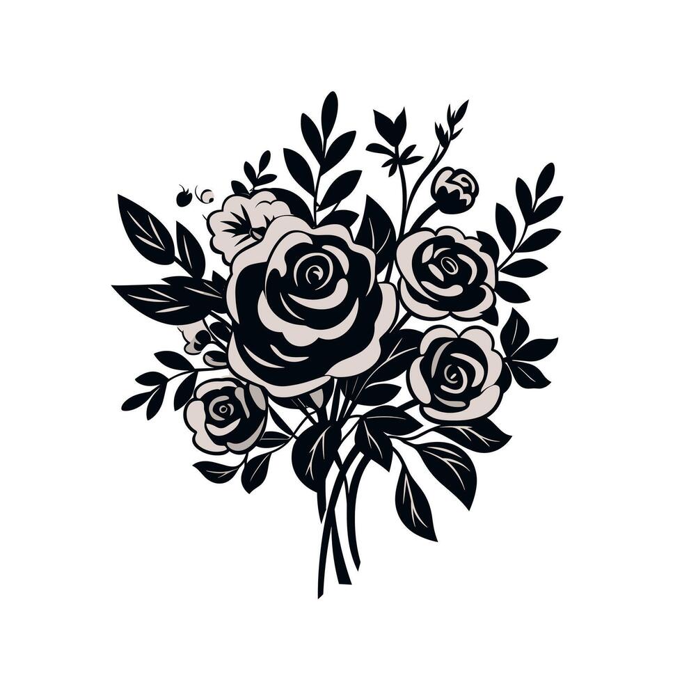 Elegant black and white floral arrangement featuring roses and leaves in a stylish design vector