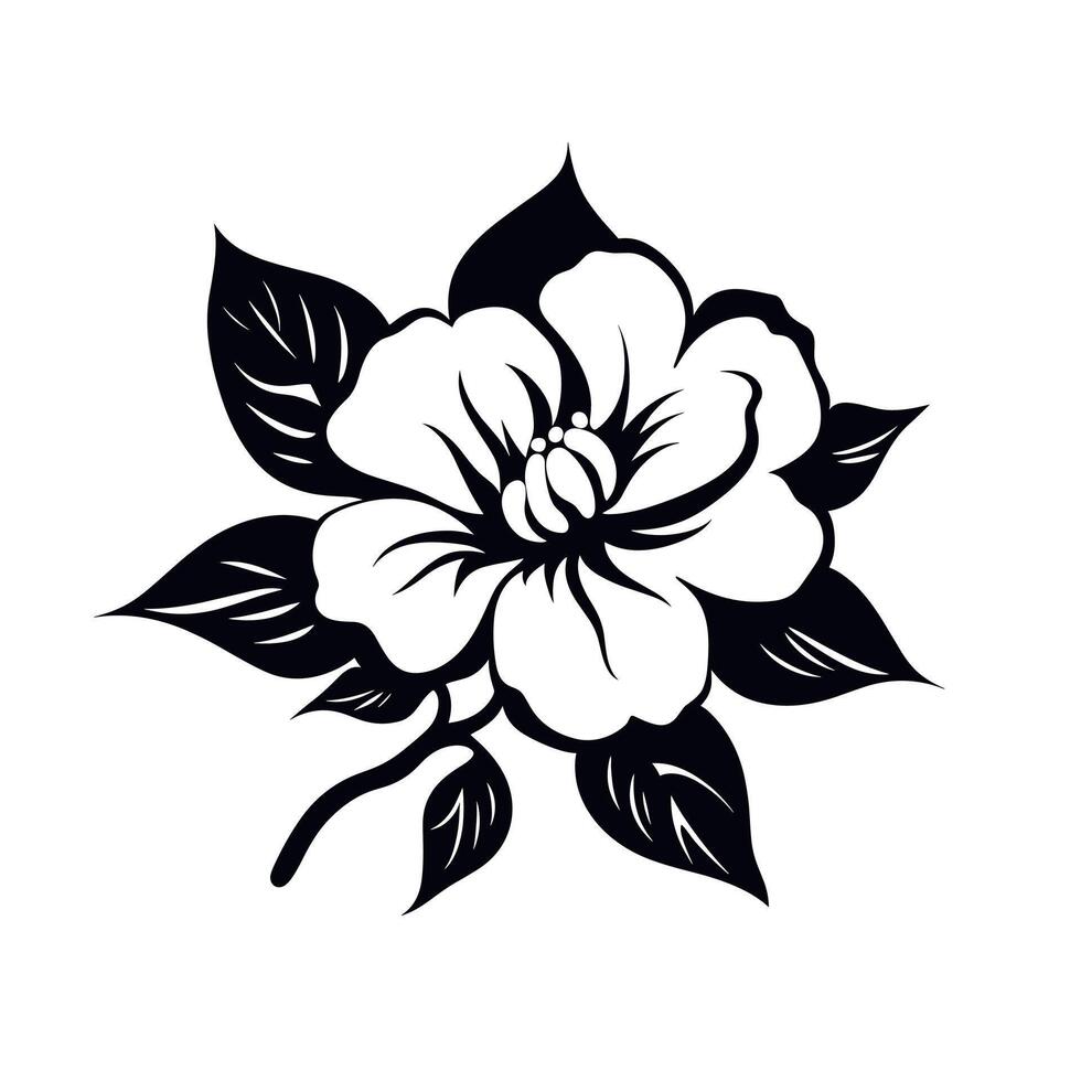 Elegant black and white flower illustration featuring detailed petals and leaves vector