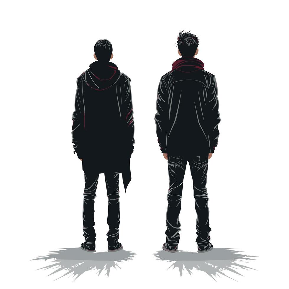 Two silhouetted figures stand back to back in a minimalist urban setting during twilight vector